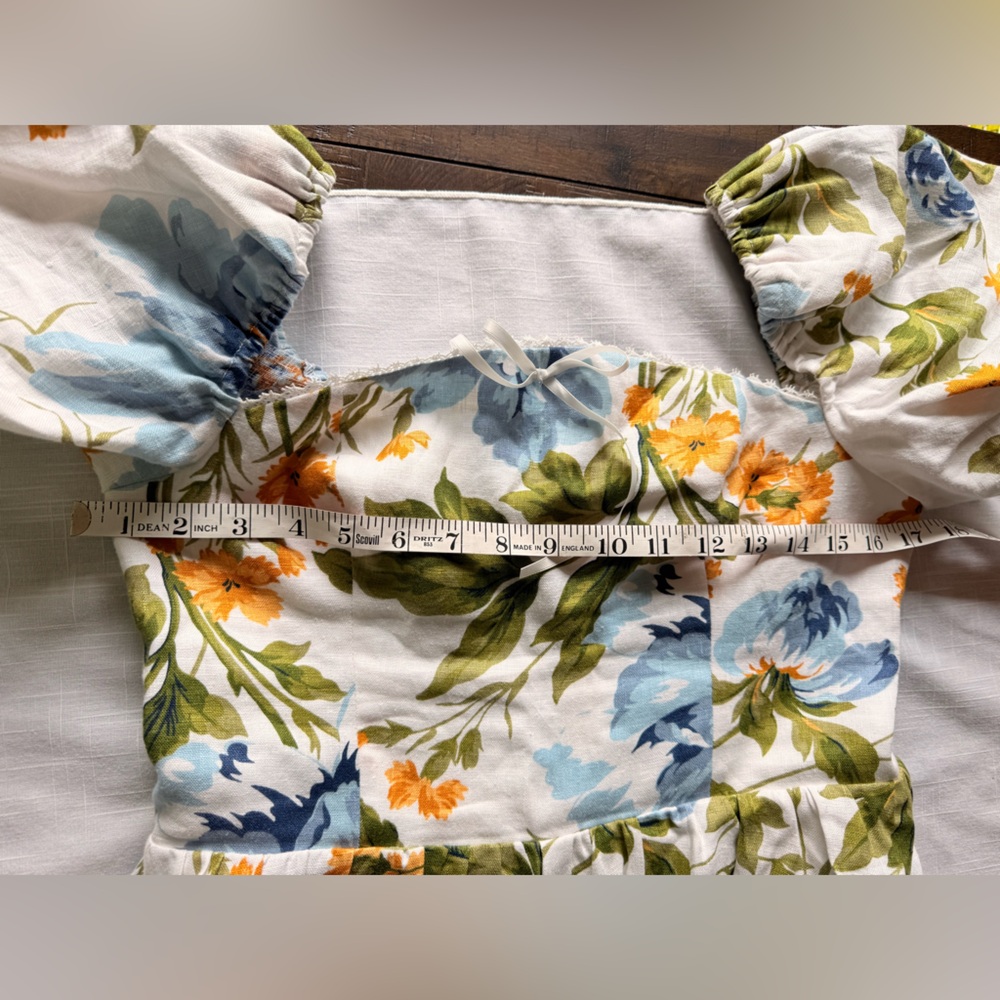 Reformation Marbella Floral Midi Linen A-Line Dress Botanist‎ Puff Sleeve Size 8 - Picture 11 of 15